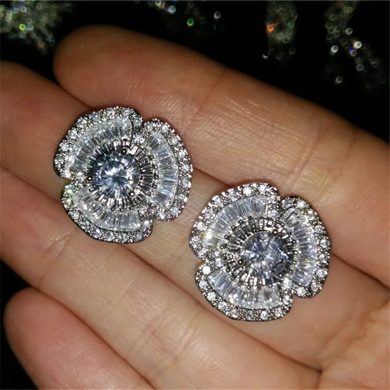 Flower Diamond Stud Earring 925 Silver Charm Wedding Earrings