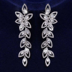 Flower Leaf Zirconia Women Statement Long Drop Earring Wedding Party Bridal