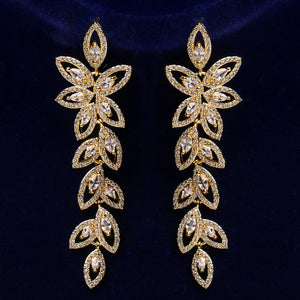 Flower Leaf Zirconia Women Statement Long Drop Earring Wedding Party Bridal