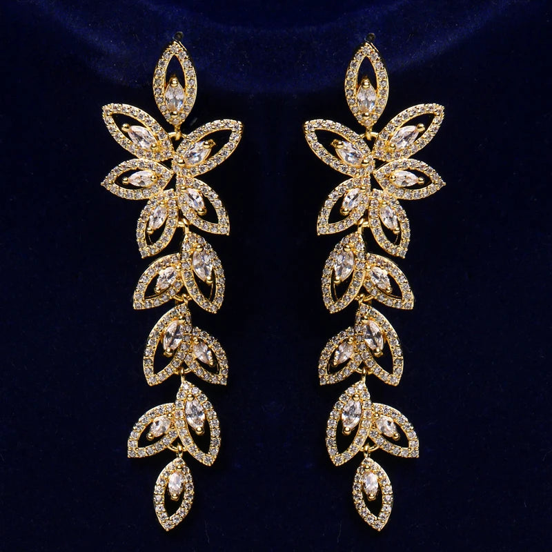 Flower Leaf Zirconia Women Statement Long Drop Earring Wedding Party Bridal