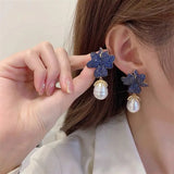 Flower Pearl Pendant Earrings CZ Women Jewelry