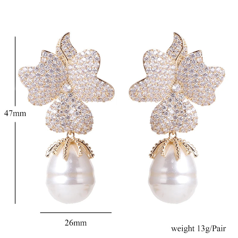 Flower Pearl Pendant Earrings CZ Women Jewelry