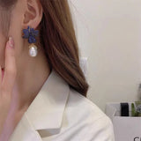 Flower Pearl Pendant Earrings CZ Women Jewelry