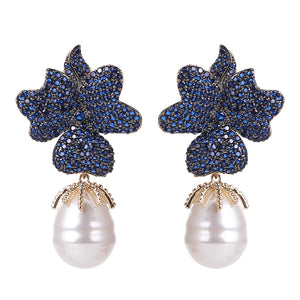 Flower Pearl Pendant Earrings CZ Women Jewelry