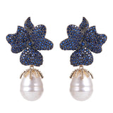 Flower Pearl Pendant Earrings CZ Women Jewelry