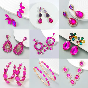 Fuchsia Crystal Flower Drop Earrings for Women
