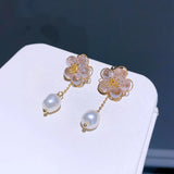 Freshwater Pearl Back Crystal Flower Earrings Jewelry Beaded Stud