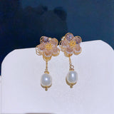 Freshwater Pearl Back Crystal Flower Earrings Jewelry Beaded Stud