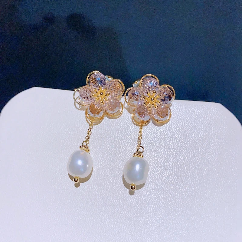 Freshwater Pearl Back Crystal Flower Earrings Jewelry Beaded Stud