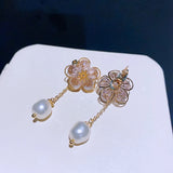 Freshwater Pearl Back Crystal Flower Earrings Jewelry Beaded Stud