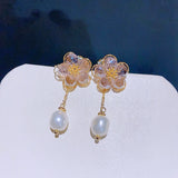 Freshwater Pearl Back Crystal Flower Earrings Jewelry Beaded Stud