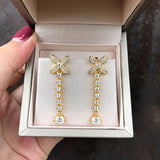 High Carbon Diamonds Bowknot Long Earrings Women Wedding Jewelry