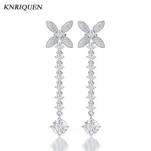High Carbon Diamonds Bowknot Long Earrings Women Wedding Jewelry