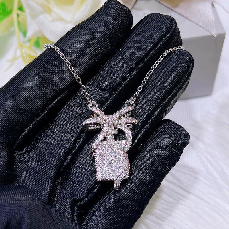 Zircon Bow Ribbon Perfume Bottle Necklace Female Fairy Bow Pendant