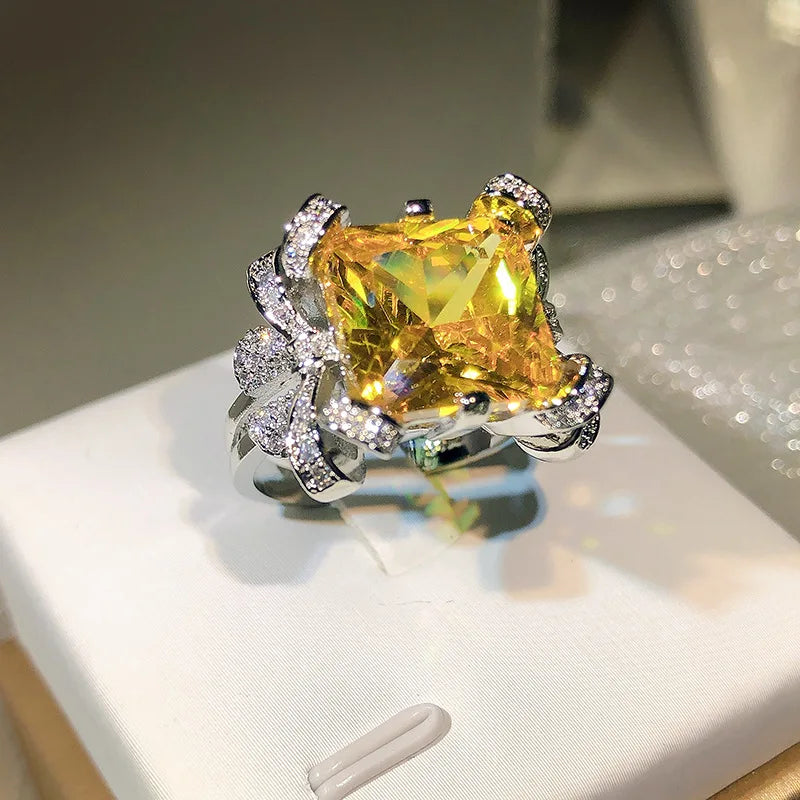 Yellow Crystal CZ Stone Ring Silver Wedding Statement Party Jewelry