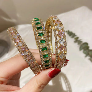 Geometric Zircon Cuff Bangles Pink Green Crystal Bracelets