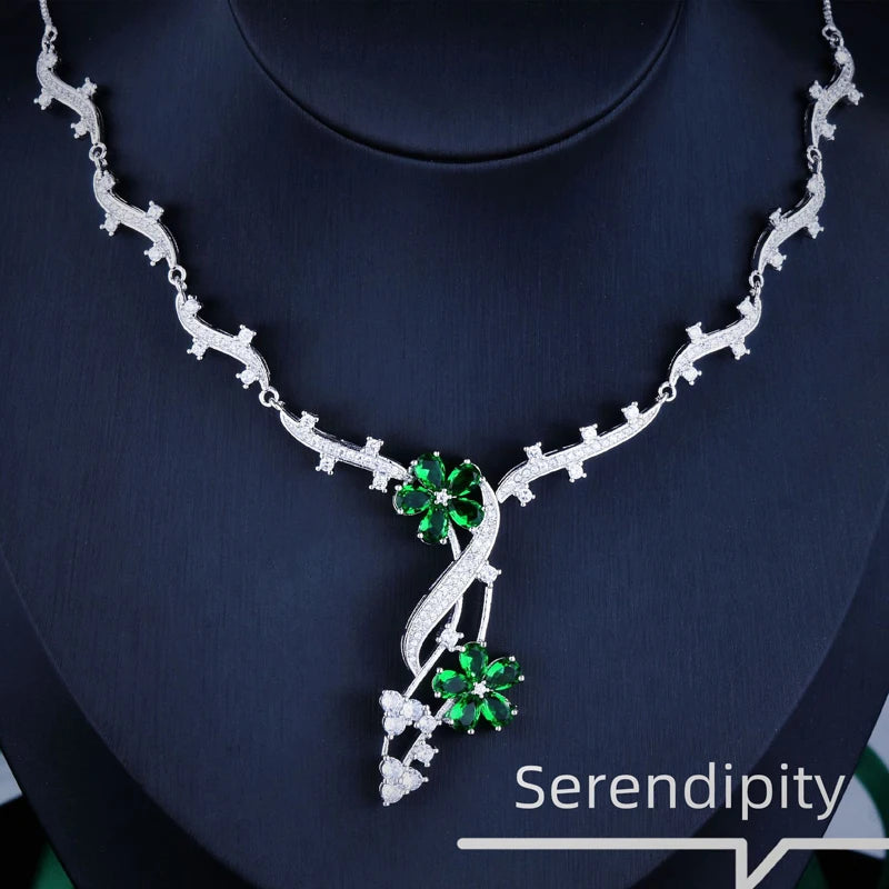 Green Cubic Zirconia Flower Pendant Necklace for Women