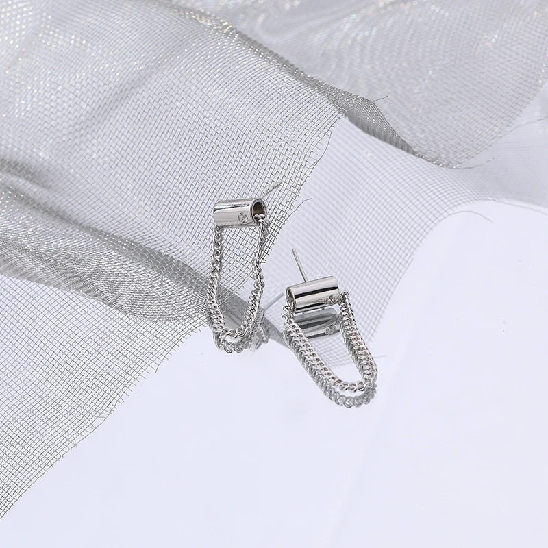 925 Silver Tassel Chain Stud Earrings Women Gift