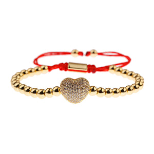 Classic Copper Beads Red Weave Bracelet Heart Charms Jewelry
