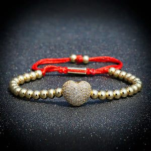 Classic Copper Beads Red Weave Bracelet Heart Charms Jewelry