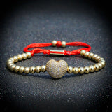 Classic Copper Beads Red Weave Bracelet Heart Charms Jewelry