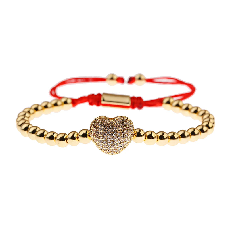 Classic Copper Beads Red Weave Bracelet Heart Charms Jewelry