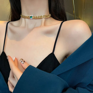 Green Crystal Metal Chain Chooker Necklace For Woman Jewelry