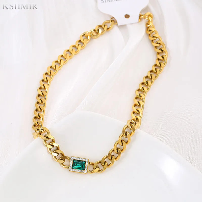 Green Crystal Metal Chain Chooker Necklace For Woman Jewelry