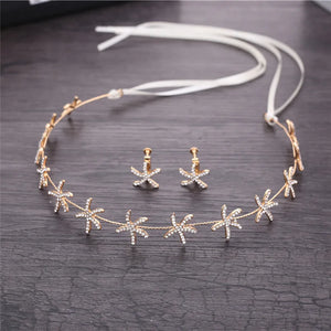 Starfish Crystal Bride Tiaras Wedding Hair Accessories Ribbon Chain