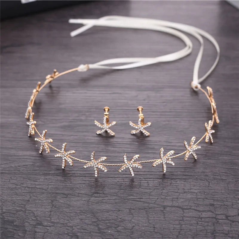 Starfish Crystal Bride Tiaras Wedding Hair Accessories Ribbon Chain
