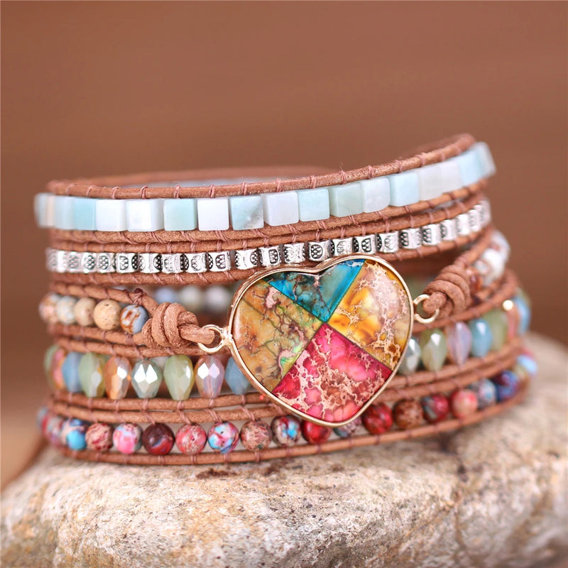 Heart Charm Wrap Bracelets Boho Jaspers Crystal 5 Strands Leather Beads Bracelet