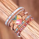 Heart Charm Wrap Bracelets Boho Jaspers Crystal 5 Strands Leather Beads Bracelet