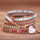 Heart Charm Wrap Bracelets Boho Jaspers Crystal 5 Strands Leather Beads Bracelet