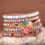 Heart Charm Wrap Bracelets Boho Jaspers Crystal 5 Strands Leather Beads Bracelet