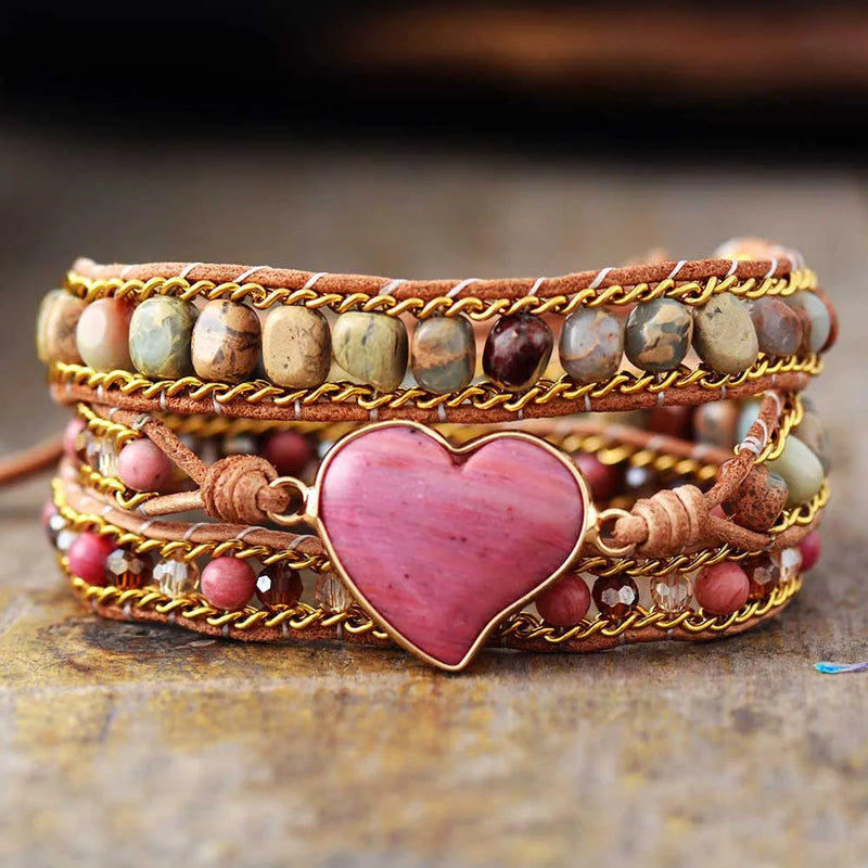 Heart Shape Wrap Bracelets with Jaspers Crystal Leather Chain Bracelet