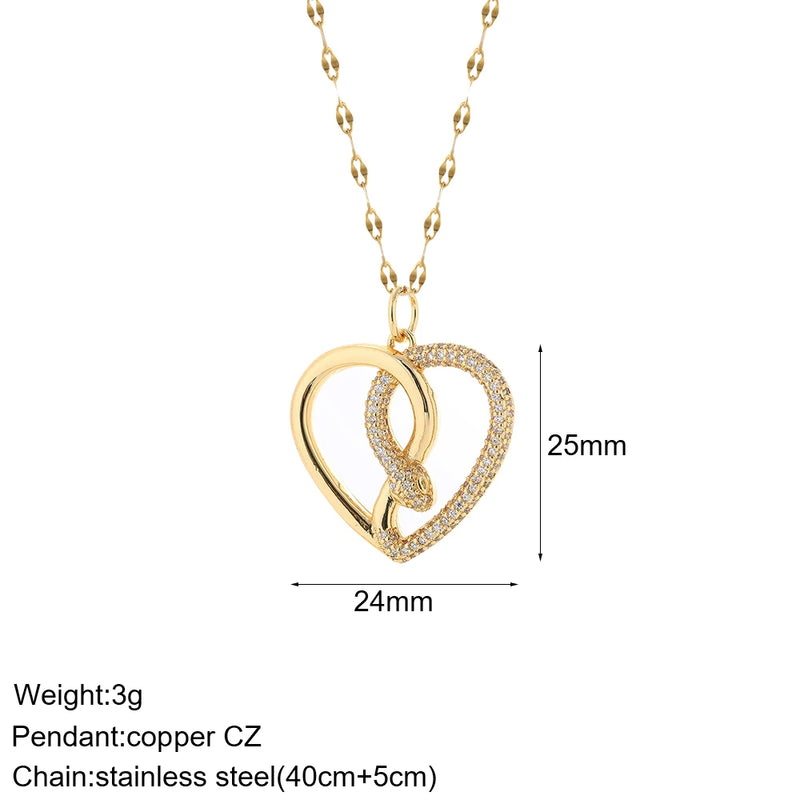 Heart Snake Pendant Necklace for Women Stainless Steel Choker Zircon Jewelry