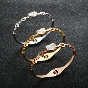 Hollow Heart Lover CZ Crystal Cuff Bangle Stainless Steel Bracelet