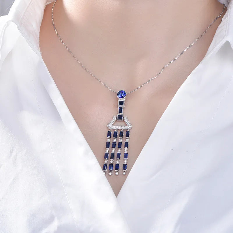 Sapphire Tassels Pendant Necklace Vintage Silver Jewelry