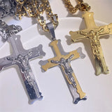 Crucifixion Cross Necklace Silver Stainless Steel Byzanine Chain