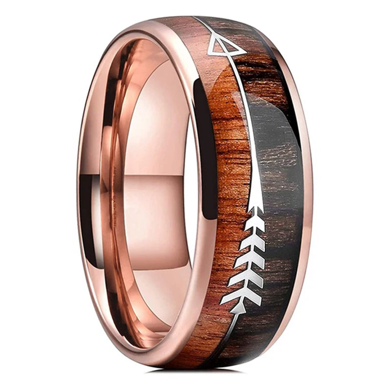8mm Stainless Steel Mens Ring Koa Wood Inlay Arrow Tungsten Carbide Wedding Band
