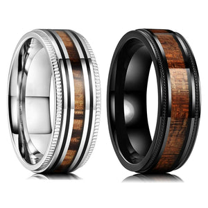 Men's Stainless Steel Wedding Ring with Koa Wood Inlay