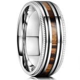 Men's Stainless Steel Wedding Ring with Koa Wood Inlay