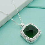 925 Silver Square Green Gem Pendant Necklace For Woman Mother