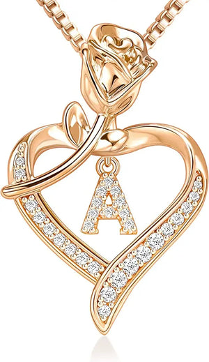 Rose Heart Pendant, 26 Letters Necklace, Birthday & Anniversary Gift