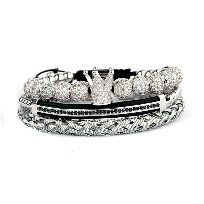 CZ Pave Crown Ball Beaded Bracelet Men