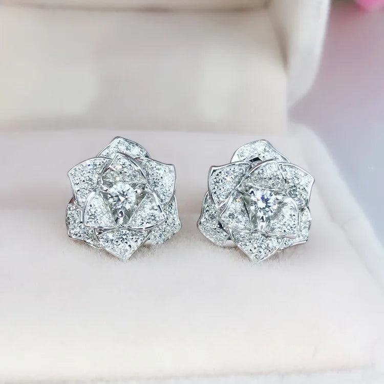 925 Silver Rose Flower Earrings with Simulated Diamond Wedding Jewelry