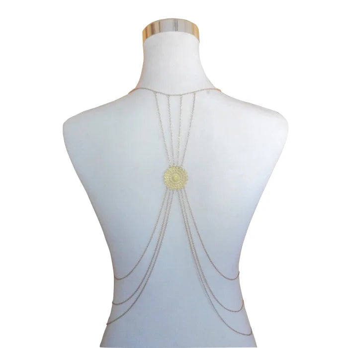 Layered Tassel Neck Metal Hollow flower body Chain Pendant Back Chain Necklace