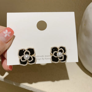 Leather Square Pearl CC Ear Piercing Stud Earrings Accessories
