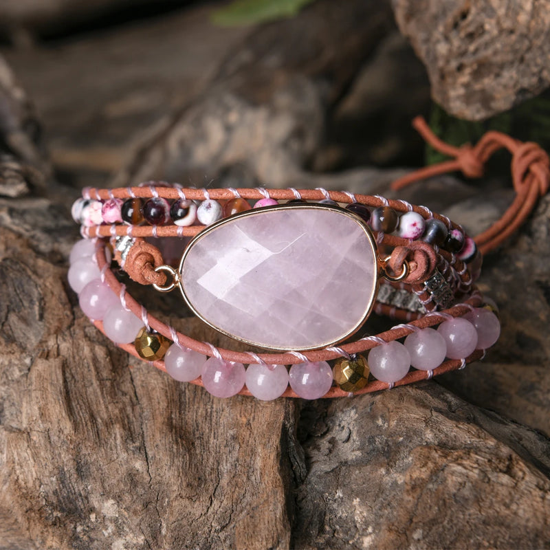 Leather Wrap Bracelet Natural Stones Beads Boho Bracelet