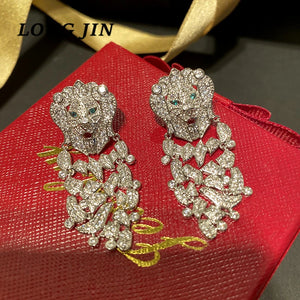 Micro-Inlaid Zircon Lion Shape Earrings Silver Classic Personality